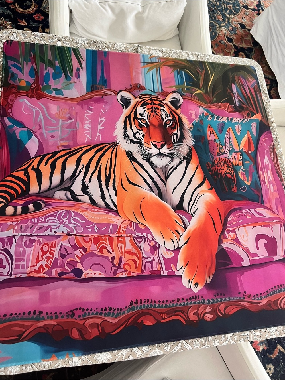 Vibrant Tiger Print Decorative Mahjong Mat- 31.5” Neoprene Pink & Orange